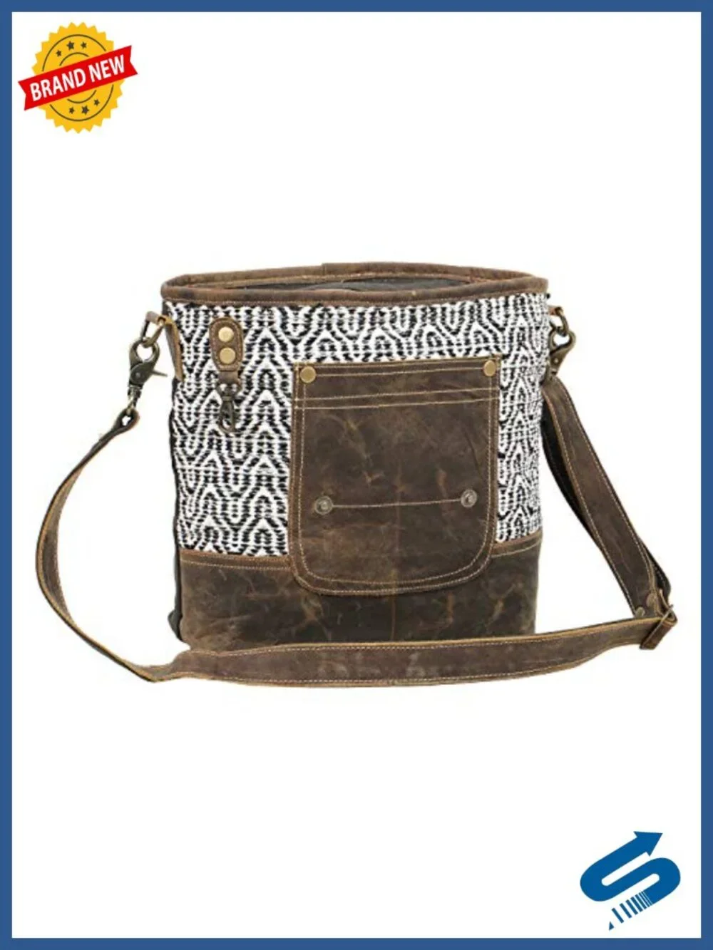 Canvas and Buffalo Leather Geometric Print Shoulder Crossbody Bag